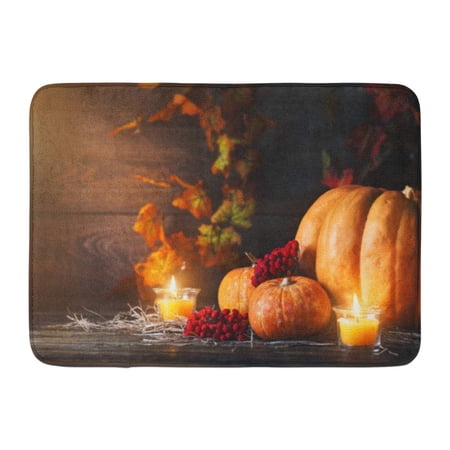 GODPOK Border Orange Dinner Ripe Pumpkins on Wooden Table Autumn Still Life Halloween Yellow Light Candles Rug Doormat Bath Mat 23.6x15.7 inch