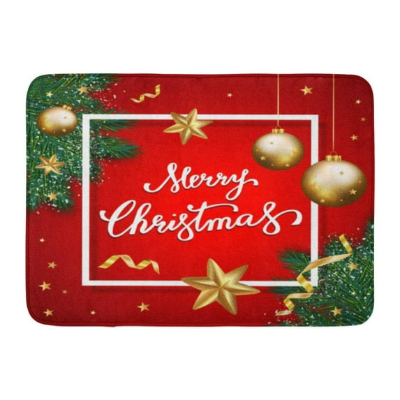 GODPOK Celebration Artistic Merry Christmas Lettering on Red with Calligraphy Classic Rug Doormat Bath Mat 23.6x15.7 inch