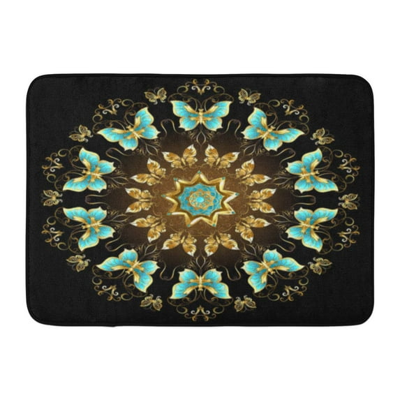 GODPOK Circle Butterfly Mandala Gold Turquoise Butterflies on Black Chic Circular Rug Doormat Bath Mat 23.6x15.7 inch