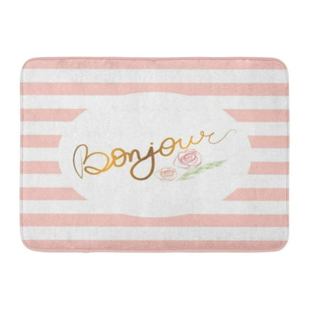 GODPOK Creative Abstract Bonjour Hello Concept Gold Roses Pink White Striped Lettering Message Color Rug Doormat Bath Mat 23.6x15.7 inch