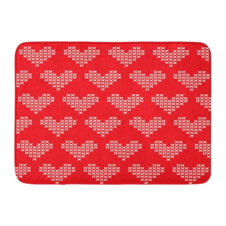 GODPOK Doodle Red Christmas Cross Stitch Heart Pattern Bacground White Traditional Geometric Rug Doormat Bath Mat 23.6x15.7 inch