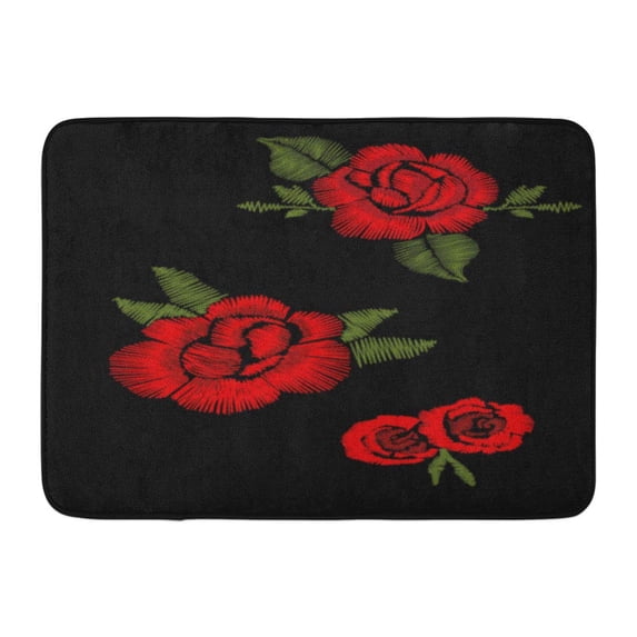 GODPOK Drawn Black Flower Red Roses Embroidery Patch Embroidered Rug Doormat Bath Mat 23.6x15.7 inch