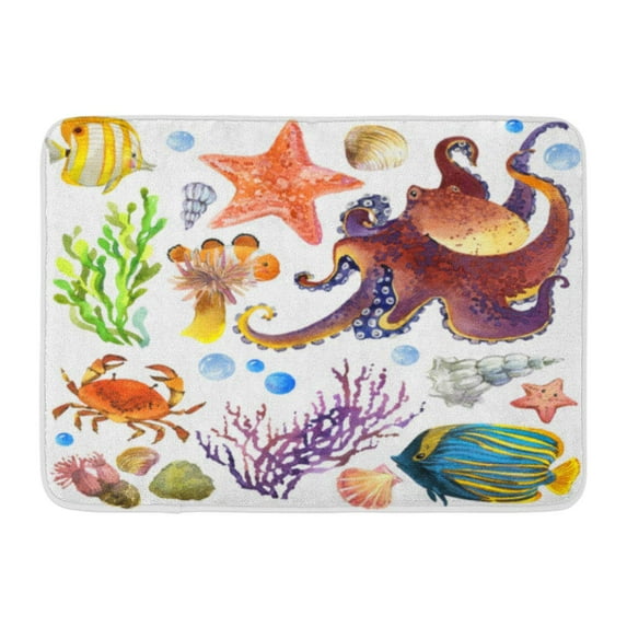 GODPOK Exotic Fish Coral Reef Algae Unusual Sea Fauna Shells Anemones and Marine Underwater World Watercolor Rug Doormat Bath Mat 23.6x15.7 inch