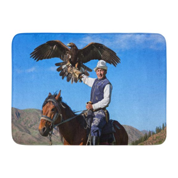 GODPOK Falconry Issyk Kul Kyrgyzstan May 29 Golden Eagle Trainer Holds His During Hunter Games in Issuk Lake Rug Doormat Bath Mat 23.6x15.7 inch