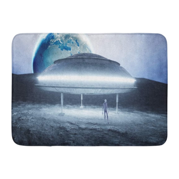GODPOK Green Flying Saucer with Alien on Moon UFO Concept Realistic Metal Shaders 3D Rendering Silver Area Rug Doormat Bath Mat 23.6x15.7 inch