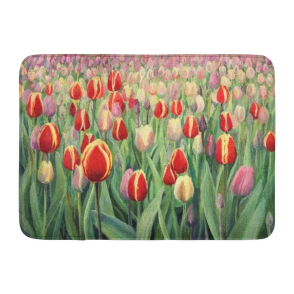 GODPOK Green Oil Painting on Canvas of Spring Seasonal Colorful Red Pink and Yellow Blooming Tulips Display Rug Doormat Bath Mat 23.6x15.7 inch