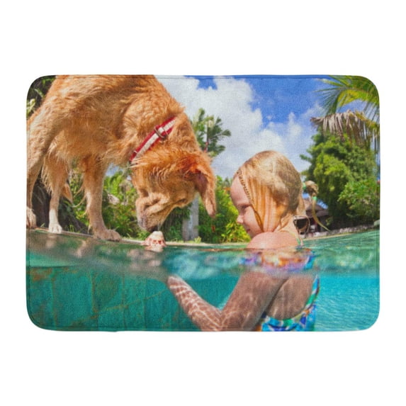 GODPOK Little Child Play with Fun and Train Golden Labrador Retriever Puppy in Swimming Pool Jump and Dive Rug Doormat Bath Mat 23.6x15.7 inch