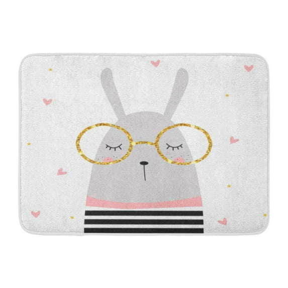 GODPOK Little Pink Gold Cute Bunny and Golden Glitter Glasses Hand Drawn Animal Star Rug Doormat Bath Mat 23.6x15.7 inch