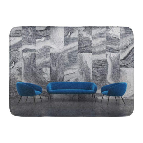 GODPOK Marble Living Room Interior with Blue Sofa and Two Armchairs on Black Tiled Floor 3D Rendering Mock Up Rug Doormat Bath Mat 23.6x15.7 inch