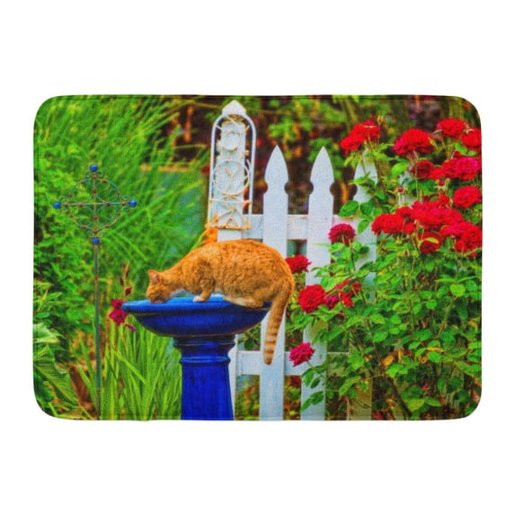 GODPOK Orange Tabby Cat Drinking Out of The Bird Bath in Garden with White Picket Fence Red Roses and Lush Rug Doormat Bath Mat 23.6x15.7 inch