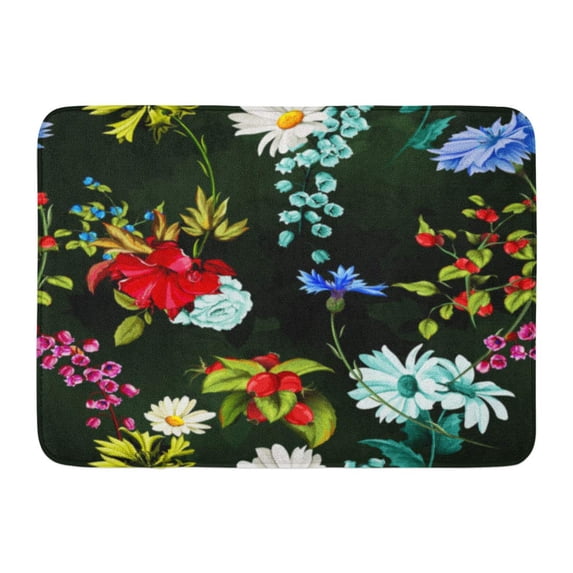 GODPOK Peony Rose Cornflowers and Lily The Valley and Wild Buds Dog Camomile with Leaves on Black Rug Doormat Bath Mat 23.6x15.7 inch