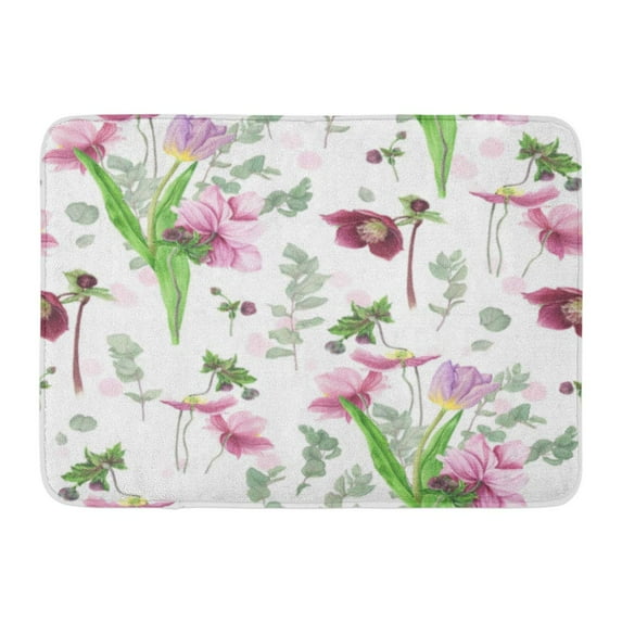 GODPOK Pink Beautiful Pattern Flowers Tulip Anemone Eucalyptus Hellebore Watercolor White Blossom Rug Doormat Bath Mat 23.6x15.7 inch
