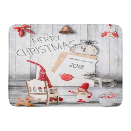 GODPOK Red Bell Merry Christmas with Xmas and New Year Characters on Light Wooden with Text Retro Style Rug Doormat Bath Mat 23.6x15.7 inch