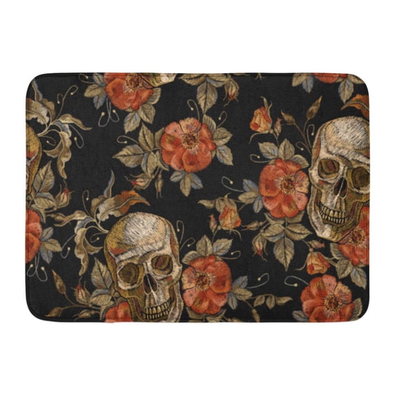 GODPOK Tattoo Embroidery Vintage Skull and Roses Gothic Romanntic Human Red and Pink Peonies and Design Dia De Rug Doormat Bath Mat 23.6x15.7 inch