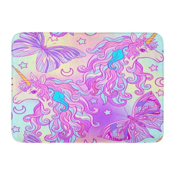 GODPOK Unicorn with Multicolored Mane Butterfly Rainbow Star and Love Heart in Pink Purple Colors on Colorful Rug Doormat Bath Mat 23.6x15.7 inch