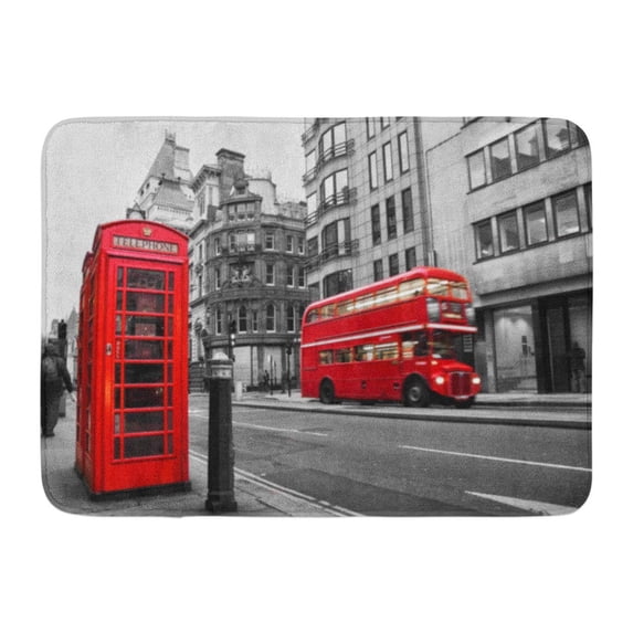 GODPOK Vintage Black Bus Fleet Street London UK Selective Color Red White Phone Booth Rug Doormat Bath Mat 23.6x15.7 inch