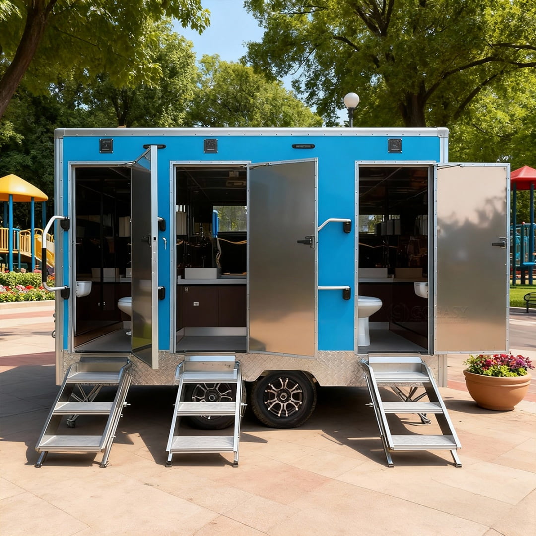 View of GOEASY 3.8M Luxury Triple-Room Mobile Toilet Trailer Portable Restroom ...