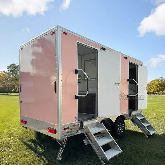 GOEASY VEHICLE Pink Double-Stall Portable Bathroom Trailer Mobile Restroom with Stairs Outdoor Wedding Event Festival Camping Sanitation Unit