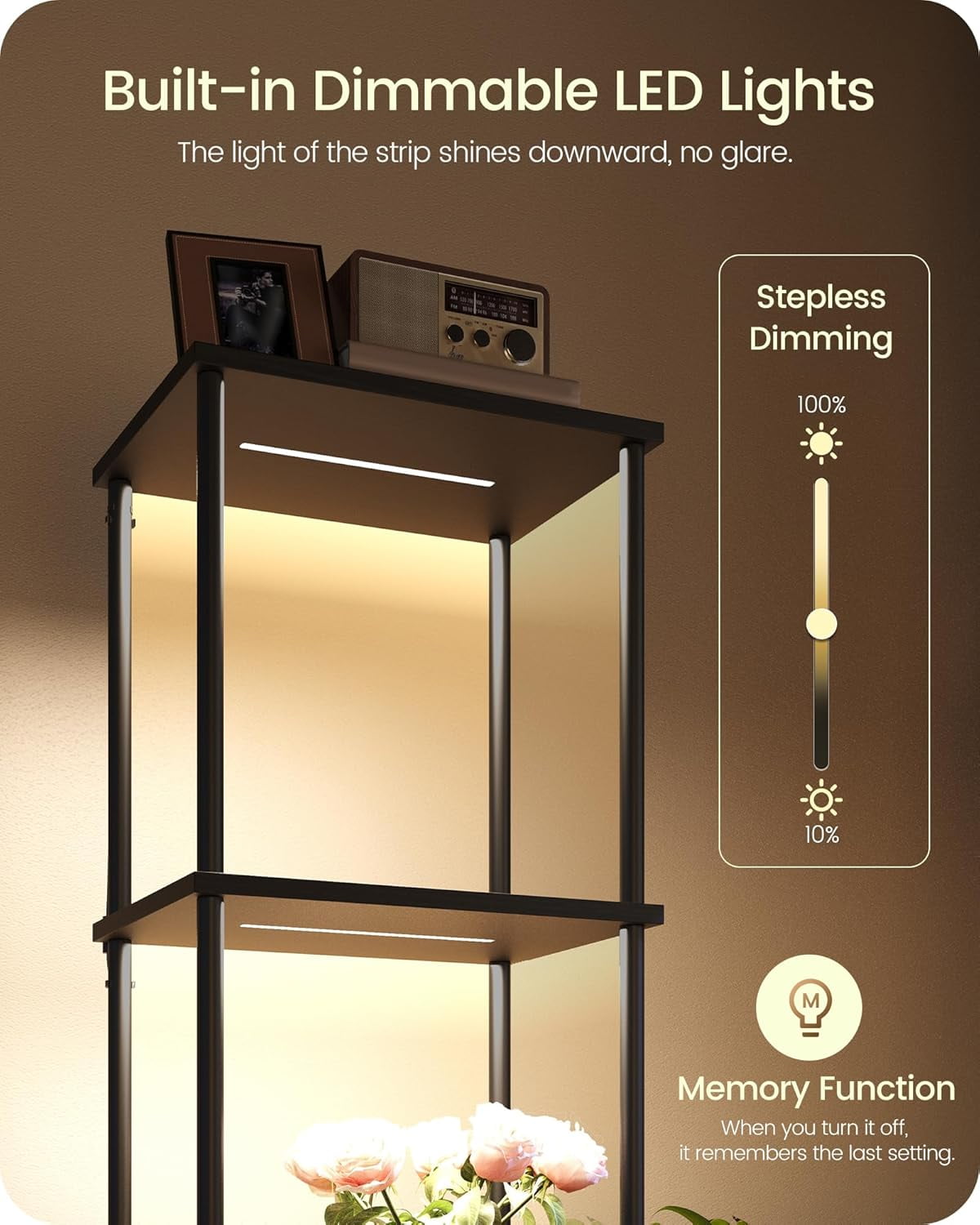 GOEBLESON 5-Tier Corner Floor Lamp with Shelves, Dimmable LED Bookshelf Light for Living Room, Remote & Foot Control, 3CCT Timer, Black