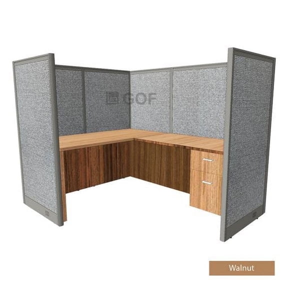 GOF 1 Person Workstation Cubicle (5’D x 6.5’W x 4’H, Walnut) Office Partition with Desk & Pedestal Set