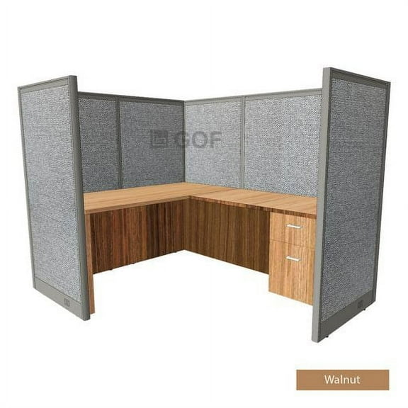 GOF 1 Person Workstation Cubicle (5’D x 6’W x 6’H, Walnut) Office Partition with Desk & Pedestal Set