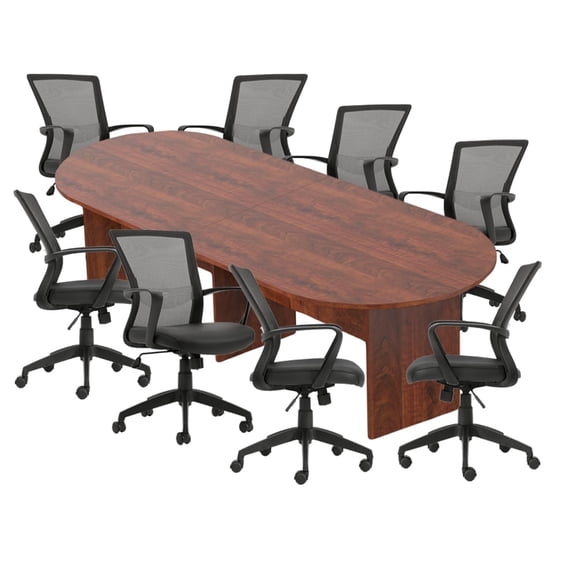 GOF 10 ft. Dark Cherry Conference Table with 8 Ergonomic Chairs(G10705B) Modern Office Desk Set