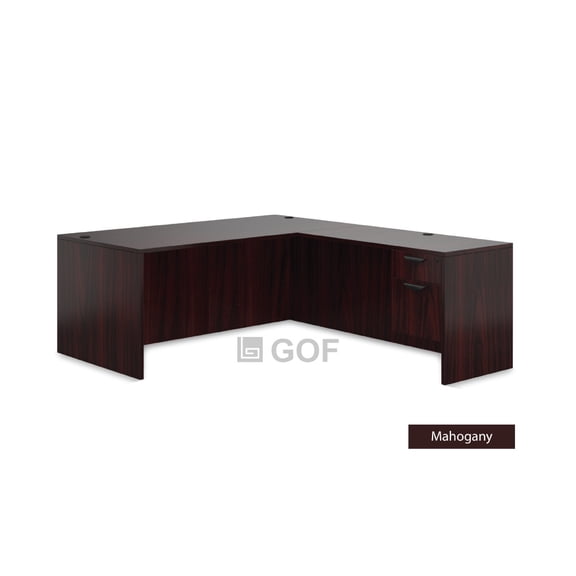 GOF 2 Person Workstation Cubicle (5’D x 12’W x 5’H) / Office Partition, Room Divider (L-Shape Desk Only, Mahogany)