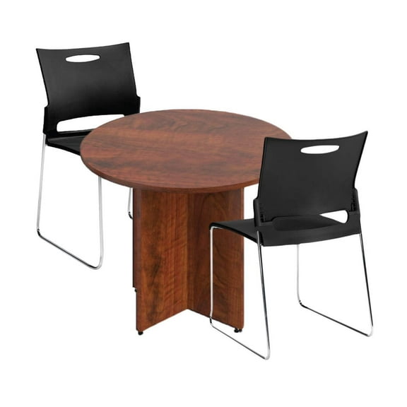 GOF 36-inch Dark Cherry Round Office Table with 2 Stackable Chairs (G11310B) – Durable, Modern, Space-Saving