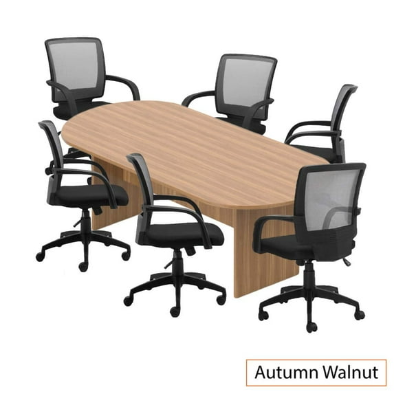 GOF 8 ft. Walnut Conference Table with 6 Ergonomic Chairs (G10900B) – Modern Office Desk Set for Meetings