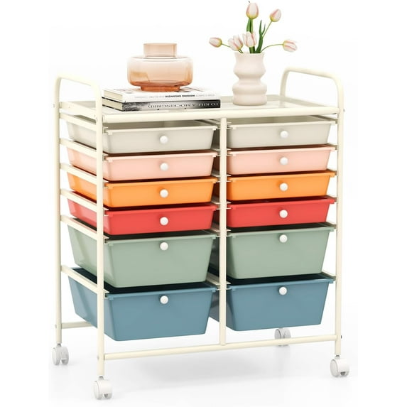GOFLAME 12-Drawer Rolling Storage Cart, Multipurpose Organizer with 2 Sizes Plastic Drawers, Mobile Utility Cart with Lockable Casters for Home, Office, Beauty Salon, School, Color