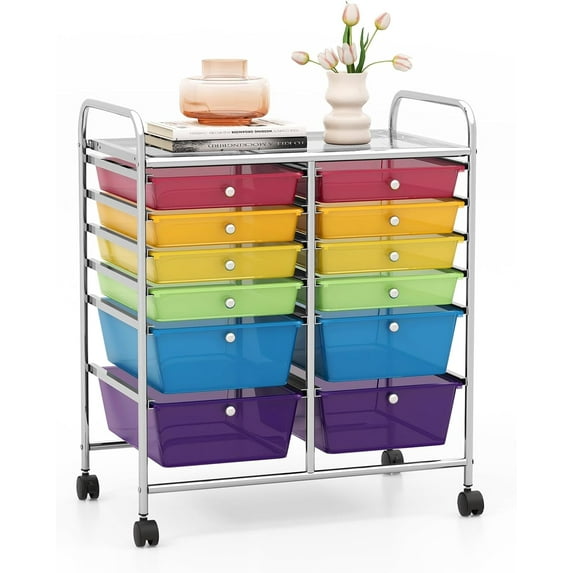 GOFLAME 12-Drawer Rolling Storage Cart, Multipurpose Organizer Cart with 2 Sizes Plastic Drawers, Mobile Utility Cart with Lockable Casters for School, Home Office, Beauty Salon, Multicolored & Clear