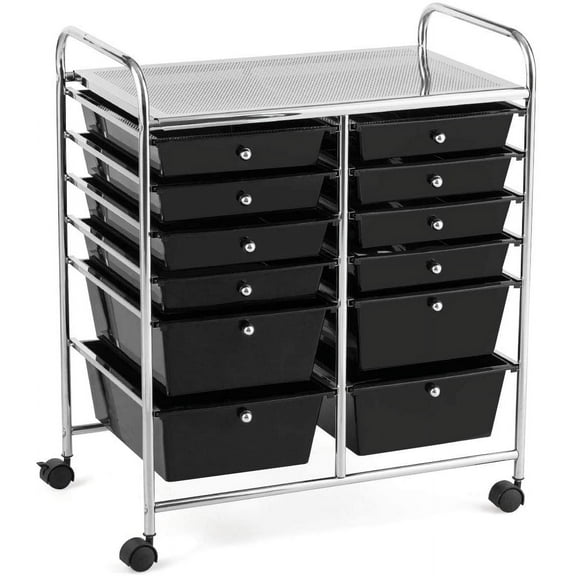 GOFLAME 12-Drawer Rolling Storage Cart, Multipurpose Organizer Cart with 2 Sizes Plastic Drawers, Mobile Utility Cart with Lockable Casters for School, Home Office, Beauty Salon, Black
