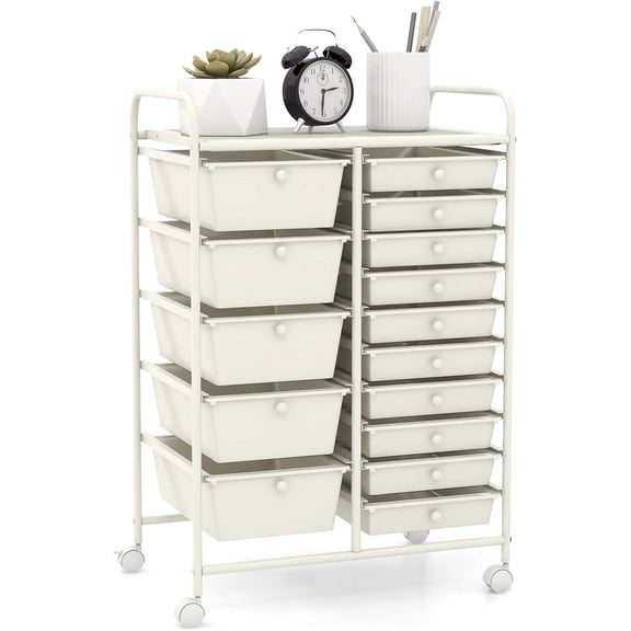 GOFLAME 15-Drawer Rolling Storage Cart, Craft Storage Cart with Removable Drawers & Lockable Wheels, Art Cart Supply Storage Organizer for Home Office Classroom, White