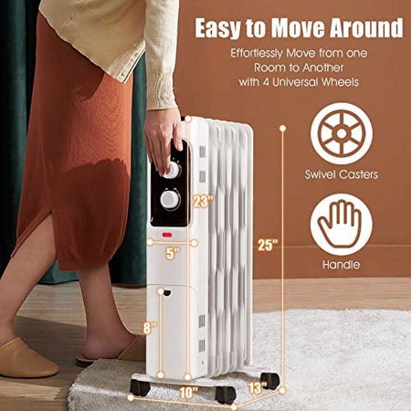 GOFLAME 1500W Oil Filled Radiator Heater, Electric Space Heater with 3 Heating Modes, Adjustable Thermostat, Tip-Over & Overheat Protection, Powerful Oil Heater for Home and Office