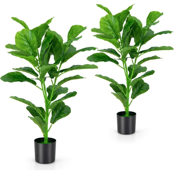 GOFLAME 2-Pack 35 Inch Artificial Fiddle Leaf Fig Tree, Tall Artificial Greenery Plant with 32 Leaves, Lifelike Decorative Natural Faux Tree in Pot for Indoor & Outdoor Home Office Porch Garden