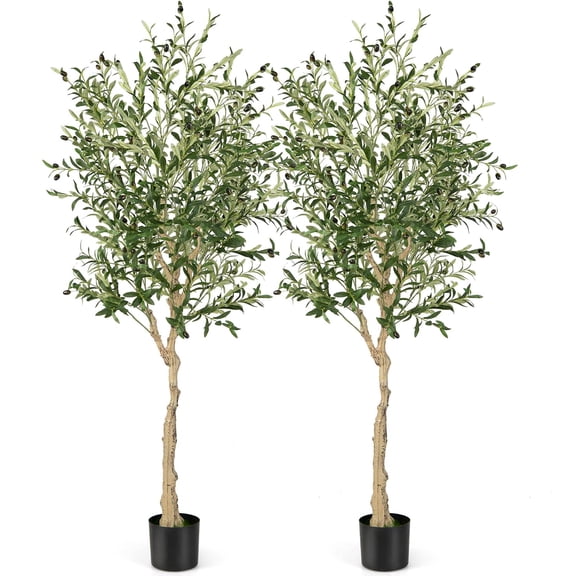 GOFLAME 2 Pack Artificial Olive Trees, 6 FT Fake Potted Tree for Indoor & Outdoor Decor, Realistic Olive Branch & Fruits, Faux Olive Silk Tree with 1296 Leaves 72 Fruits for Home Office Garden