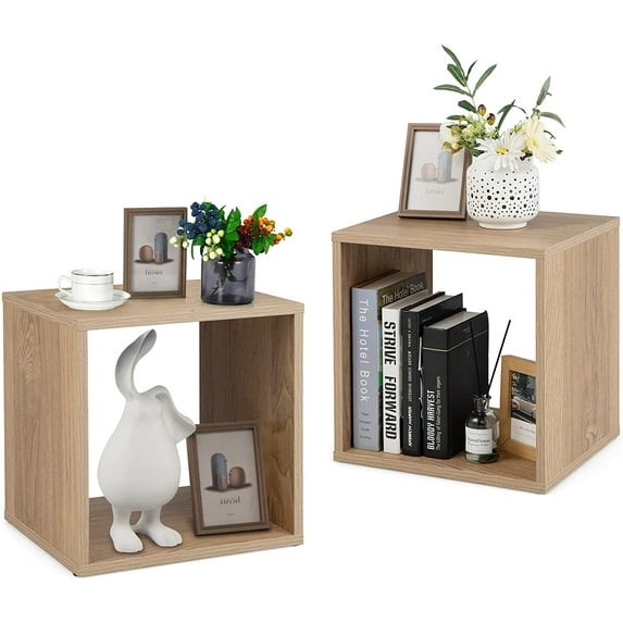 GOFLAME 2 Pieces Decorative Cube Storage Organizers, Stackable Open Back Storage Cubes with Storage Shelves, Anti-toppling Device, Vinyl Record Storage Cubes for Living Room, Bedroom, Study, Natural