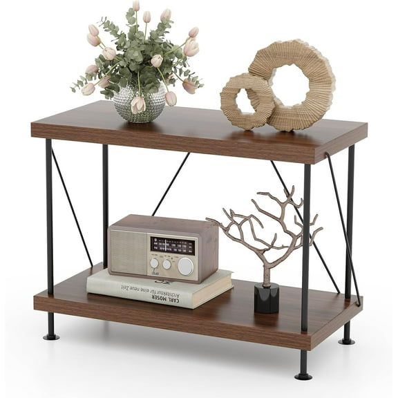 GOFLAME 2-Tier Bookshelf, Freestanding Bookcase Shelf with Metal Frame, Industrial Storage Shelving Unit, Multipurpose Display Rack for Bedroom, Living Room, Study, Office, Walnut