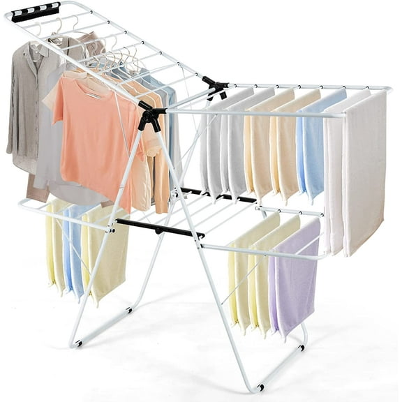 GOFLAME 2-Tier Clothes Drying Rack, Folding Laundry Dry Rack with Adjustable Supporting Bar, 26 Premium Clips, Space-Saving & Collapsible Laundry Hanger for Easy Storage, No Assembly Needed