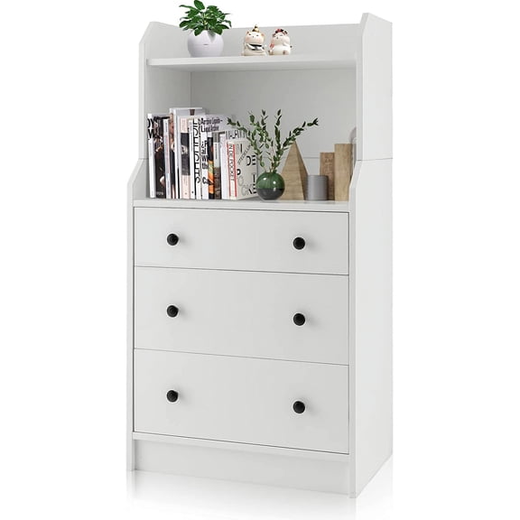 GOFLAME 3-Drawer Dresser with Shelf, 44 H Modern Storage Organizer with Anti-Tilting Design, Utility Storage Dresser, Chest of Drawers for Living Room, Entryway, White