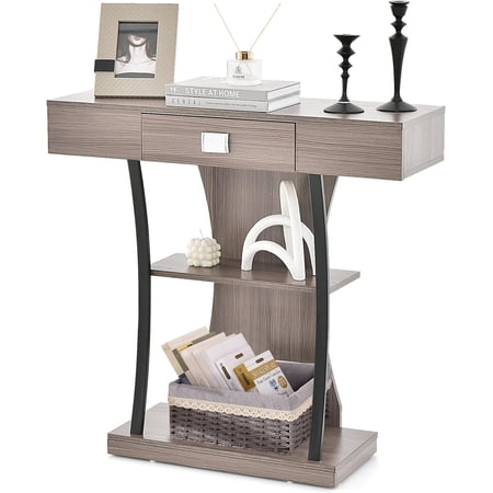 GOFLAME 3-Tier Console Table with Shelves, Wooden Entryway Table with Anti-toppling Device & Supporting Metal Tubes, Narrow Sofa Table for Entryway Hallway Living Room (Gray)