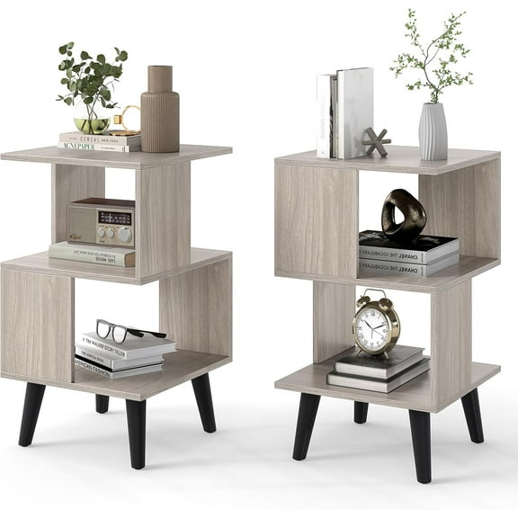 GOFLAME 3-Tier End Table Set of 2, Wood Sofa Side Table with Open Storage Shelves, Plastic Legs, Geometric Bedside Table, Modern Nightstand for Living Room, Bedroom, Small Spaces, Gray