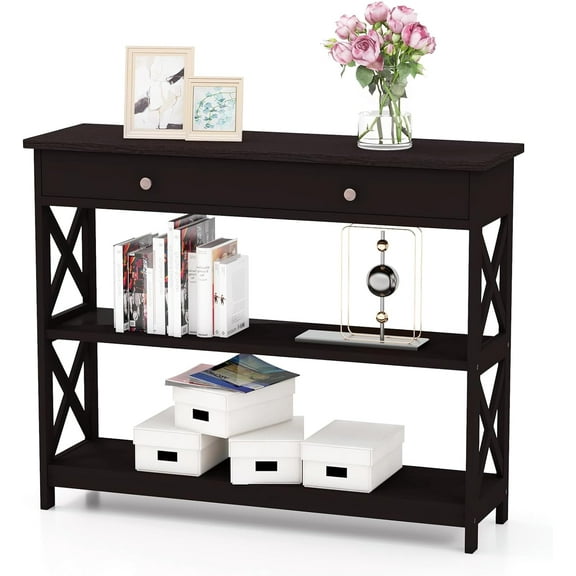 GOFLAME 39" Console Sofa Table with Drawers, 3-Tier Narrow Entry Table with Storage Shelves for Living Room Behind Couch, Entryway, Hallway (Espresso)