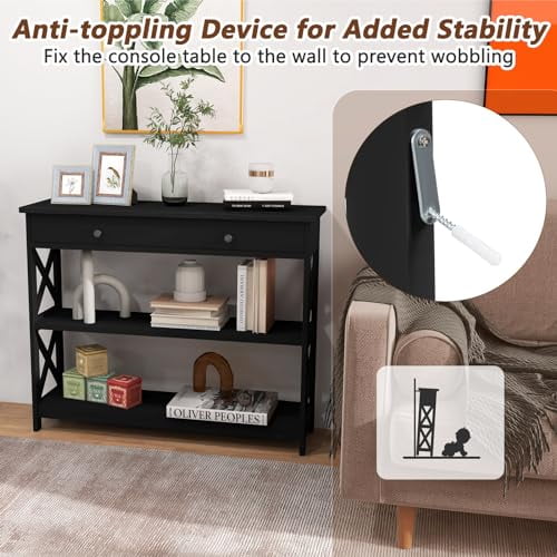 GOFLAME Narrow End Table With Drawer - Slim Side Table, 2 Open Shelves, White, 24x12x24.5 Inches