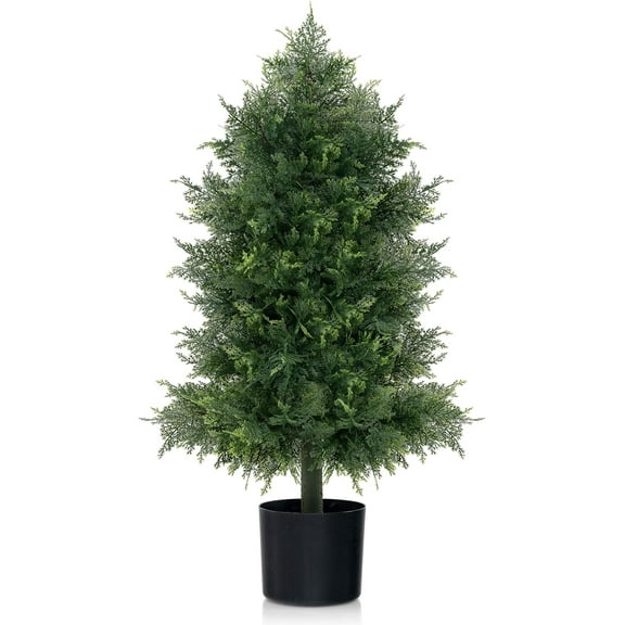 GOFLAME 31.5" Artificial Cedar Topiary Tree, Faux Cypress Tree with Realistic PE Leaves, Cement Filled Base, Sturdy Trunk, Lush Mosses, Potted Fake Shrub Evergreen  for Home, Porch