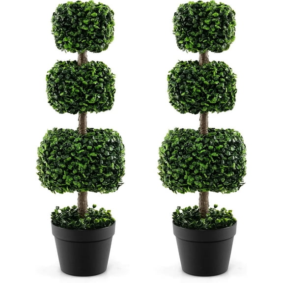 GOFLAME 35” Artificial Boxwood Topiary Tree, 2 Pack Faux Triple Square-Shaped Ball Tree with Cement-Filled Plastic Pot, UV Resistant Fake Shrubs , Indoor Outdoor Potted Topiary Tree