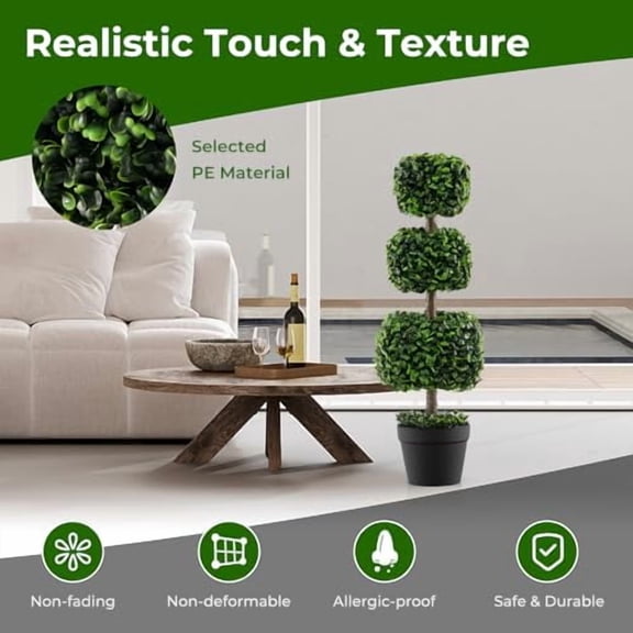 GOFLAME 35 Artificial Boxwood Topiary Tree, 2 Pack Faux Triple Square-Shaped Ball Tree with Cement-Filled Plastic Pot, UV Resistant Fake Shrubs Plant, Indoor Outdoor Potted Topiar