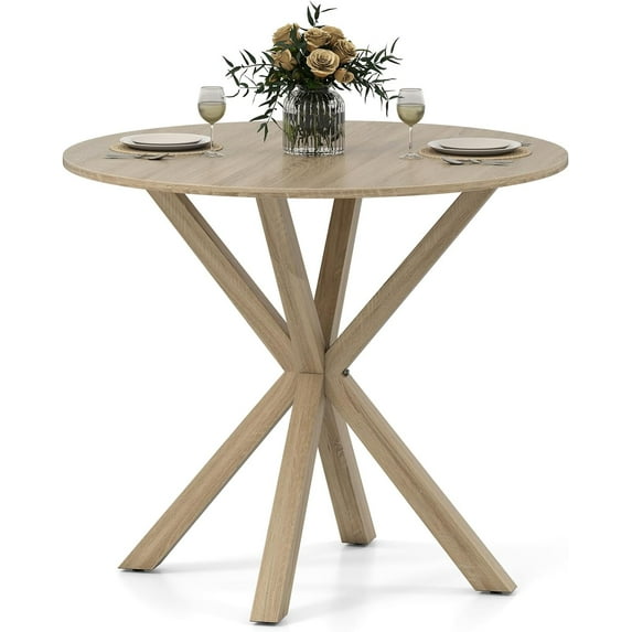 GOFLAME 36” Round Dining Table for 4 People, Wooden Kitchen Table with Intersecting Trestle Legs, Farmhouse Dinner Table for Dining Room, Living Room, Restaurant, Small Space, Oak