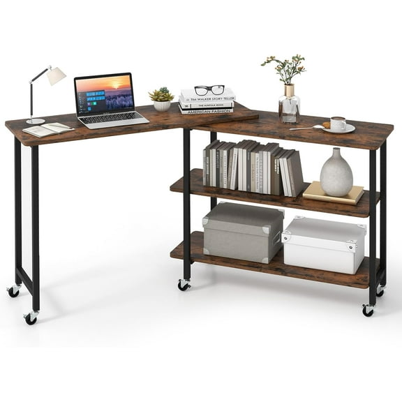 GOFLAME 360° Rotating Sofa Side Table, Mobile End Table Couch Side Table with 2-Tier Storage Shelves, Swivel Rolling Desk w/Metal Frame, 6 Casters, Movable Laptop Table for Home Office, Coffee