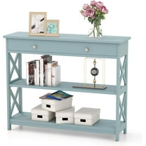 GOFLAME 39" Console Sofa Table with Drawers, 3-Tier Narrow Entry Table with Storage Shelves for Living Room Behind Couch, Entryway, Hallway (Green)